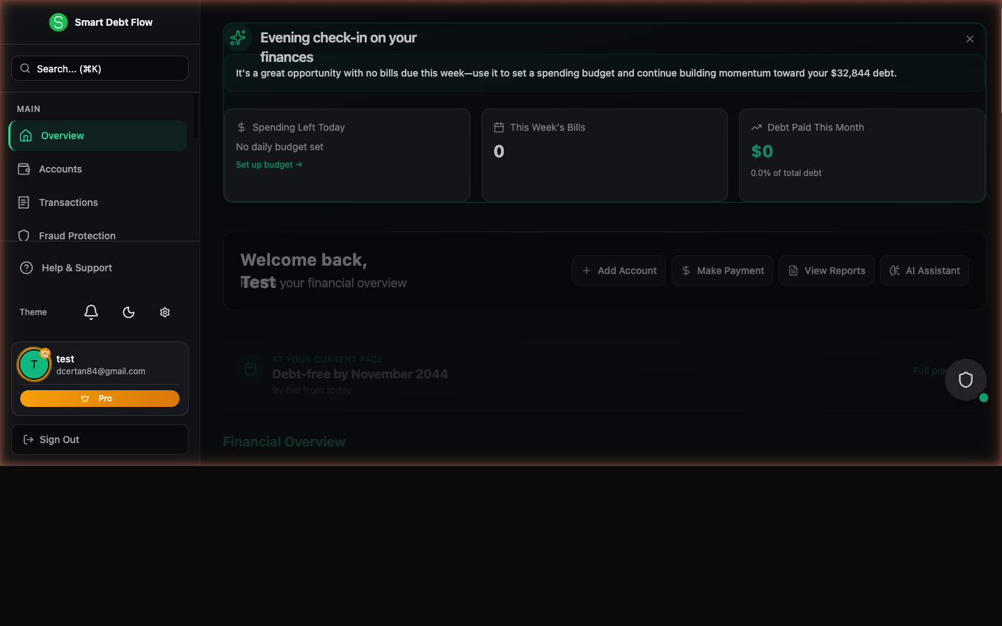 Dashboard showing step-by-step debt payoff plan with timelines at different monthly payment levels for $10,000 elimination.